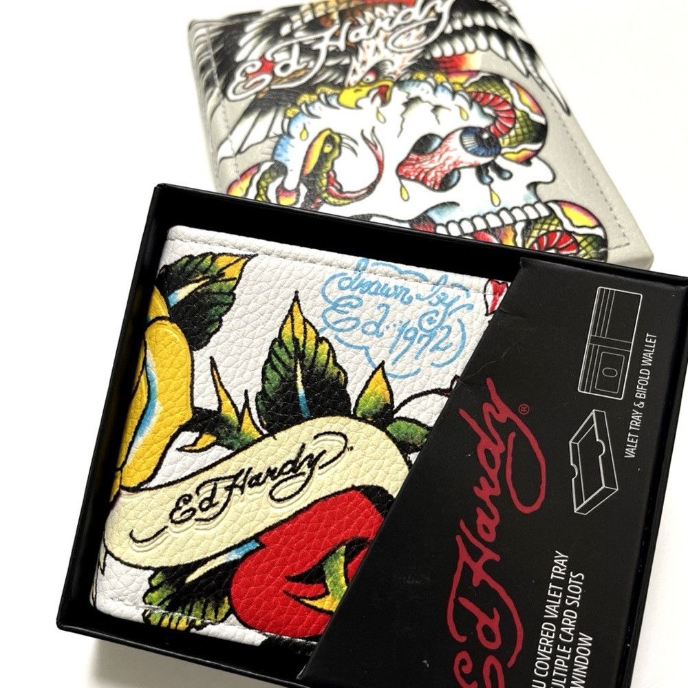 Ed Hardy Bifold Wallet Floral Skull Heart Tattoo w Valet Tray NWT White